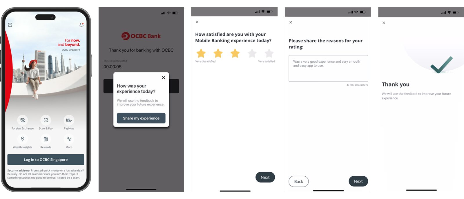 In-app feedback survey, from the rating prompt to the thank-you screen